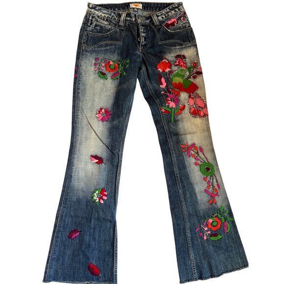 Antik Denim Floral Embroidered Blue Jeans Women's Size 24 Straight Leg Bootcut - Picture 1 of 8